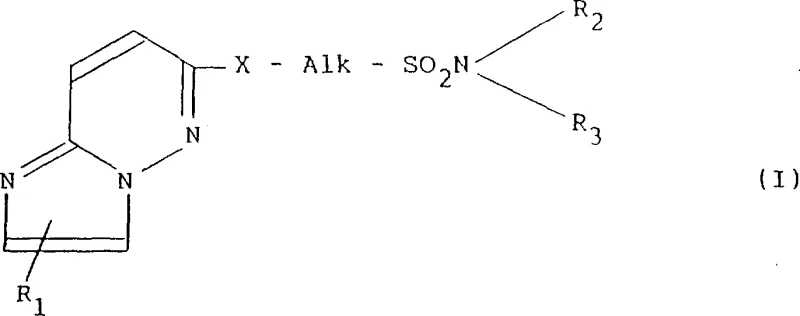 General Formula I of Imidazopyridazine Compounds showing variable substituents R1, R2, R3, X and Alk