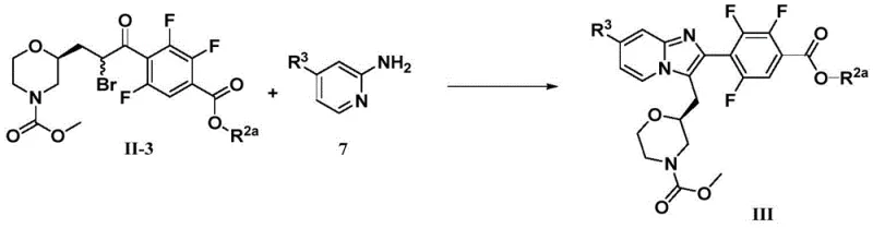 Cyclization reaction forming the imidazopyridine core from bromo-ketone and aminopyridine