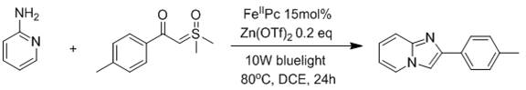 Specific reaction conditions showing FePc catalyst, blue light source, and zinc additive setup