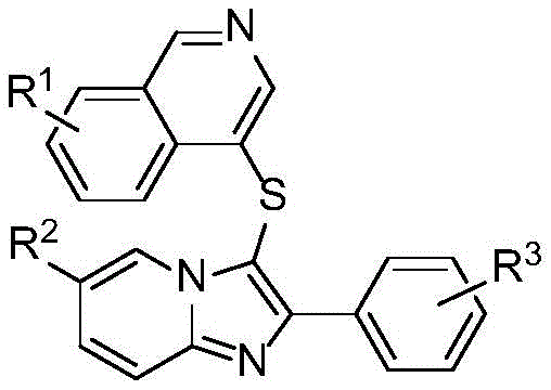 General chemical structure of 4-imidazopyridylthioisoquinoline heterocyclic compounds showing variable substituents R1, R2, and R3