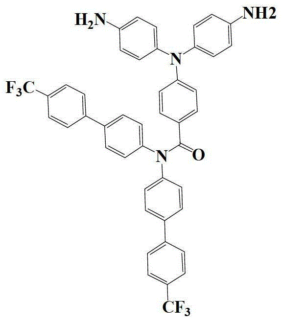 Chemical structure of 4-(Bis(4-aminophenyl)amino)-N,N-bis(4'-(trifluoromethyl)-[1,1'-biphenyl]-4-yl)-benzamide showing trifluoromethyl groups for enhanced solubility