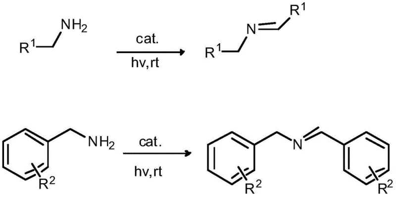 General reaction scheme showing the photocatalytic oxidative coupling of primary amines to imines using ligand-modified Au catalyst under visible light and oxygen