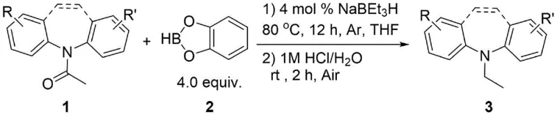 General reaction scheme for the NaBEt3H catalyzed reduction of iminodibenzyl carbonyl derivatives to amines