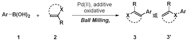 General reaction scheme for mechanochemical oxidative Heck coupling of arylboronic acids and inactive olefins