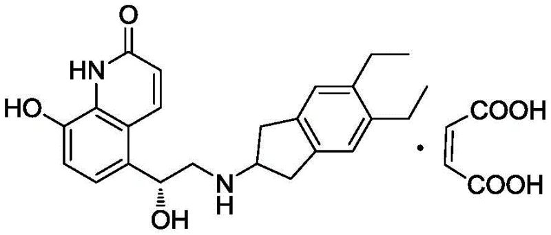 Chemical structure of Indacaterol Maleate showing the core quinolinone and indane moieties