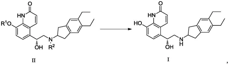 General reaction scheme of the invention converting Formula II to Indacaterol Formula I using diluted hydrogen