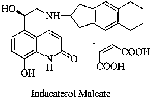 Chemical structure of Indacaterol Maleate showing the core quinolinone and indan moieties