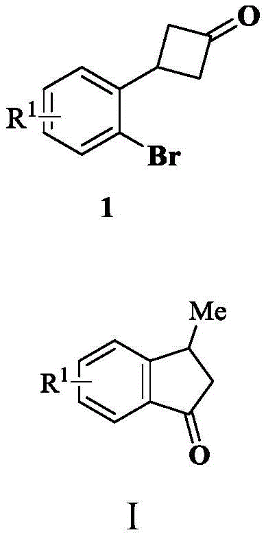 General reaction scheme showing the conversion of o-bromophenyl cyclobutanone (Formula 1) to indanone compounds (Formula I) using Nickel catalysis