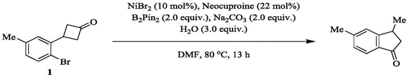Specific reaction scheme for Example 1 synthesizing 3,5-dimethyl-2,3-dihydro-1H-inden-1-one