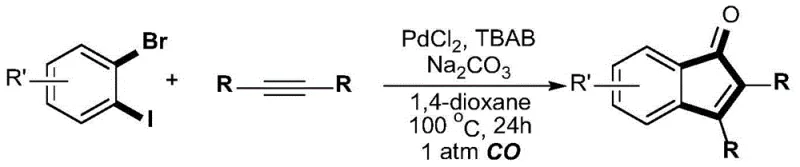 General reaction scheme for palladium-catalyzed synthesis of indanone derivatives using o-bromoiodobenzene, alkyne, and CO