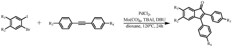 General reaction scheme for Pd-catalyzed synthesis of indanones using Mo(CO)6