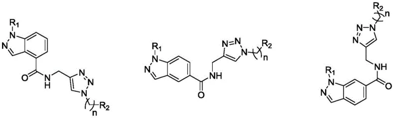 General structural formula of indazole-triazole derivatives showing variable R1 and R2 groups