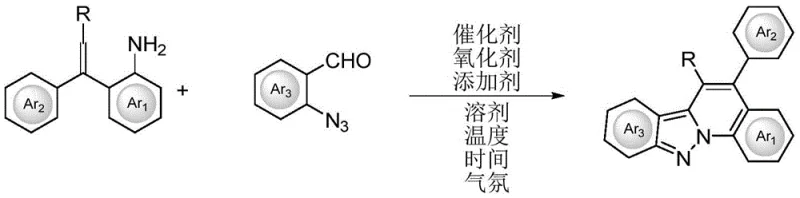 General reaction scheme showing the one-pot synthesis of indazolo[2,3-a]quinoline from 2-arylvinylaniline and o-azido-aromatic aldehyde