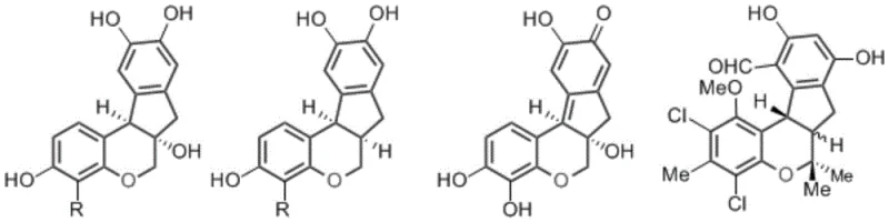 Chemical structures of natural indeno[2,1,c]chromene derivatives like Brazilin and Hematoxylin