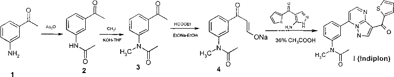 Overall synthetic route of Indiplon showing the conversion of 3-aminoacetophenone to the final product via KOH methylation and aqueous condensation