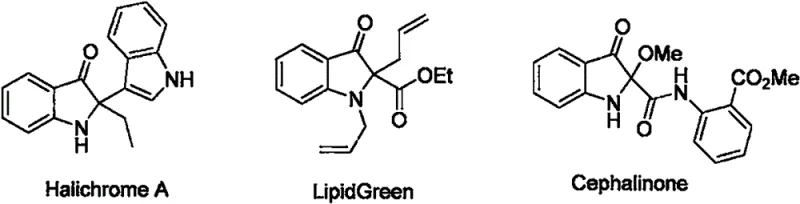 Chemical structures of bioactive natural products containing the indol-3-one core such as Halichrome A and LipidGreen