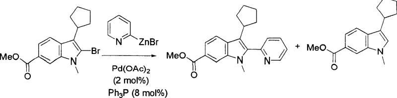Reaction Scheme II showing the optimized Pd-catalyzed cross-coupling of 2-bromoindole with pyridylzinc bromide in NMP-THF solvent