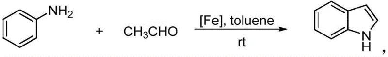 General reaction scheme showing arylamine and acetaldehyde converting to indole derivative using ferrous catalyst
