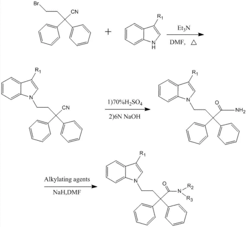 General synthetic route for indole derivatives where R4 is hydrogen, showing alkylation, hydrolysis, and amidation steps