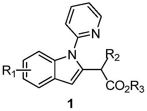 General molecular structure of 2-(2-indolyl)-acetate derivatives showing variable substituents R1, R2, and R3