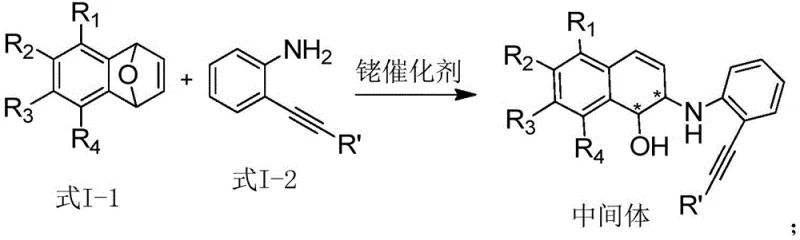 Step 1 reaction mechanism showing Rh-catalyzed ring opening to form the intermediate