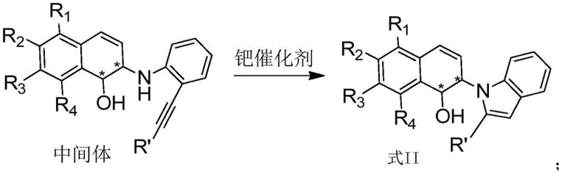Step 2 reaction mechanism showing Pd-catalyzed cyclization to form the final indole product