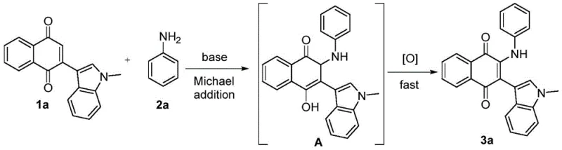Reaction mechanism showing Michael addition followed by oxidation to form the final product