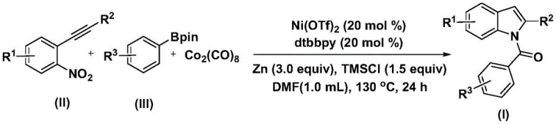 Complete reaction scheme showing nickel-catalyzed carbonylation cyclization with Ni(OTf)₂ (20 mol%), dtbpy (20 mol%), Zn (3.0 equiv), TMSCI (1.5 equiv) in DMF at 130°C for 24 hours converting reactants (II) and (III) to indole product (I)