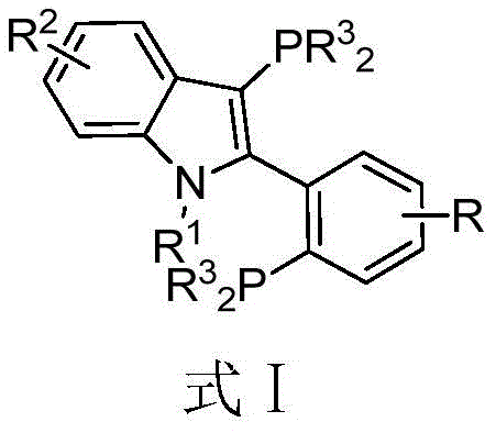 General structure of the novel 3-(disubstituted phosphino)-2-(2-(disubstituted phosphino) substituted phenyl)-1-alkyl-indole phosphine ligand (Formula I)