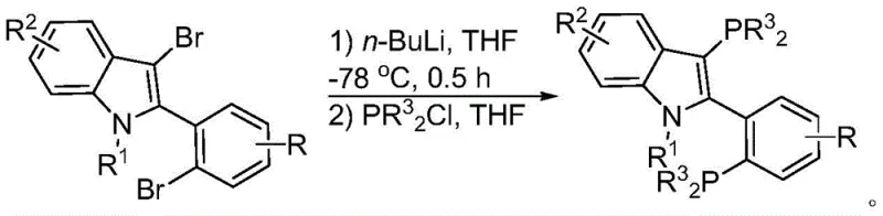 Reaction scheme for the final phosphorylation step involving lithiation and reaction with disubstituted phosphine chloride