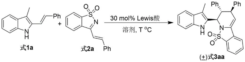 Specific synthetic route for compound 3aa showing reactants 1a and 2a reacting with Sc(OTf)3 to form product 3aa