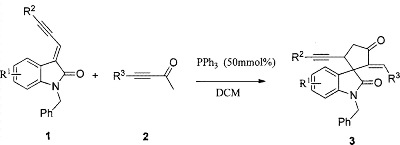 General reaction scheme showing PPh3 catalyzed [3+2] cycloaddition of indolinone and ynone derivatives
