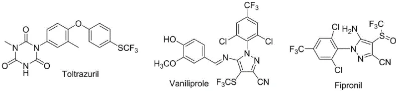 Chemical structures of Toltrazuril, Vaniliprole, and Fipronil containing trifluoromethylthio groups
