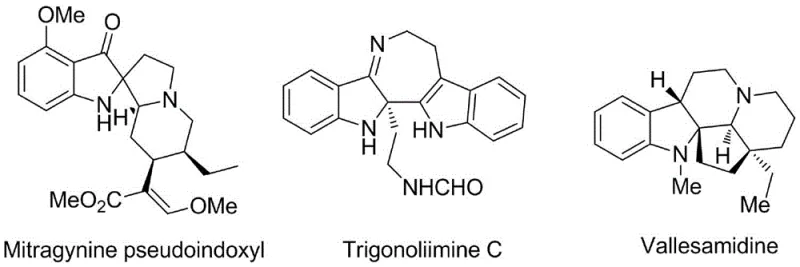Chemical structures of bioactive indoline alkaloids like Mitragynine pseudoindoxyl and Trigonoliimine C