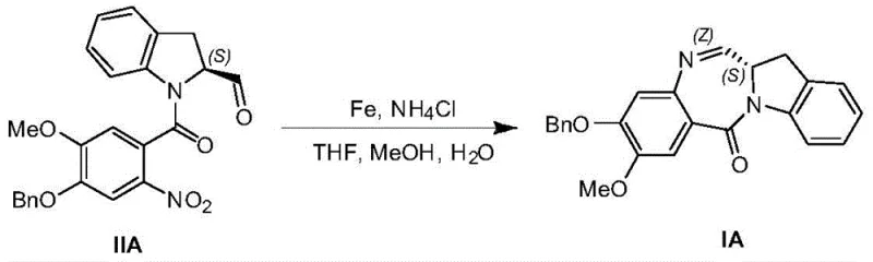 Iron-mediated reductive cyclization of nitro-benzamide precursor to indolinobenzodiazepine core