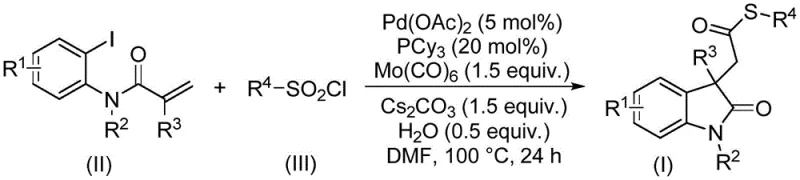 General reaction scheme for the synthesis of indolinone thioesters using Pd catalysis and sulfonyl chlorides