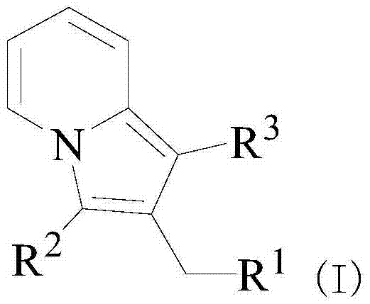 General structural formula of indolizine derivatives (Formula I) showing variable substituents R1, R2, and R3