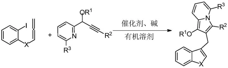 Reaction scheme showing Pd-catalyzed cyclization of 2-iodophenyl allene and propargyl pyridine