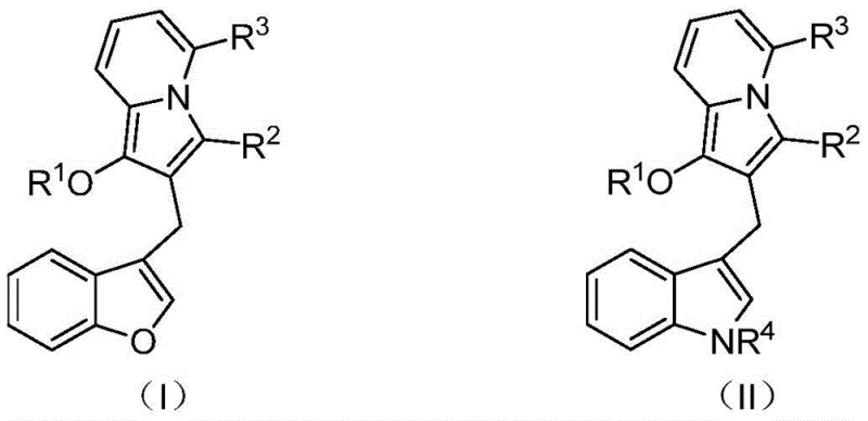 General structural formulas I and II of the indolizine diarylmethane derivatives showing variable R groups