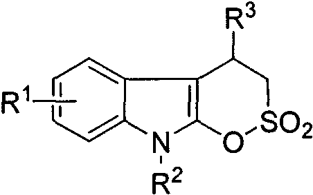 General structural formula of indolo delta-sultone compounds showing variable substituents R1, R2, and R3