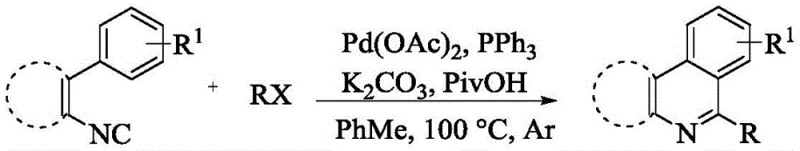 Prior art reaction scheme showing palladium-catalyzed isocyanide functionalization limitations