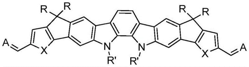 General structural formula of the indolocarbazole-based A-D-A conjugated molecule showing variable R groups and electron withdrawing ends