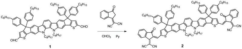 Specific synthesis reaction scheme of Compound 2 from Compound 1 and dicyanoindenone via Knoevenagel condensation