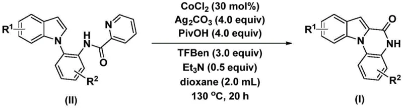 Cobalt-catalyzed reaction scheme showing conversion of substituted indole derivative to indoloquinazolinone with CoCl₂ catalyst under specified conditions