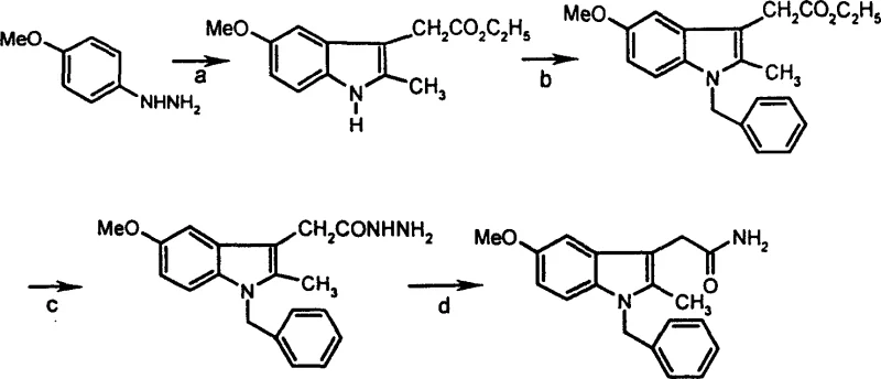 Conventional low-yield synthetic route for indolyl-3-acetamide showing four steps and purification challenges