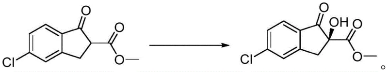 Reaction scheme showing the asymmetric alpha-hydroxylation of 5-chloro-1-indanone-2-methyl formate to the S-isomer intermediate