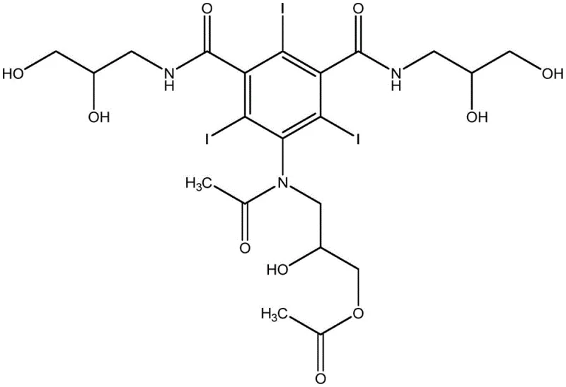 Chemical structure of 5-[N-(2-hydroxypropyl acetate) acetamido]-2,4,6-triiodo-N,N'-bis(2,3-dihydroxypropyl)-1,3-benzenedicarboxamide