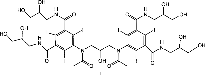 Chemical structure of Iodixanol showing the dimeric triiodinated benzene rings critical for X-ray contrast properties