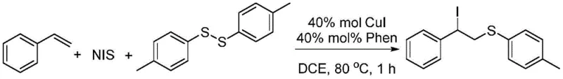 Specific example of styrene reacting with di-p-tolyl disulfide and NIS to form the target thioether