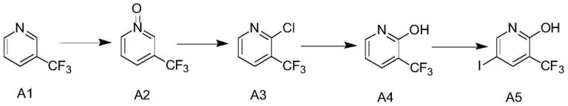 Overall synthetic route from 2-trifluoromethylpyridine (A1) to the target iodo-pyridine (A5)